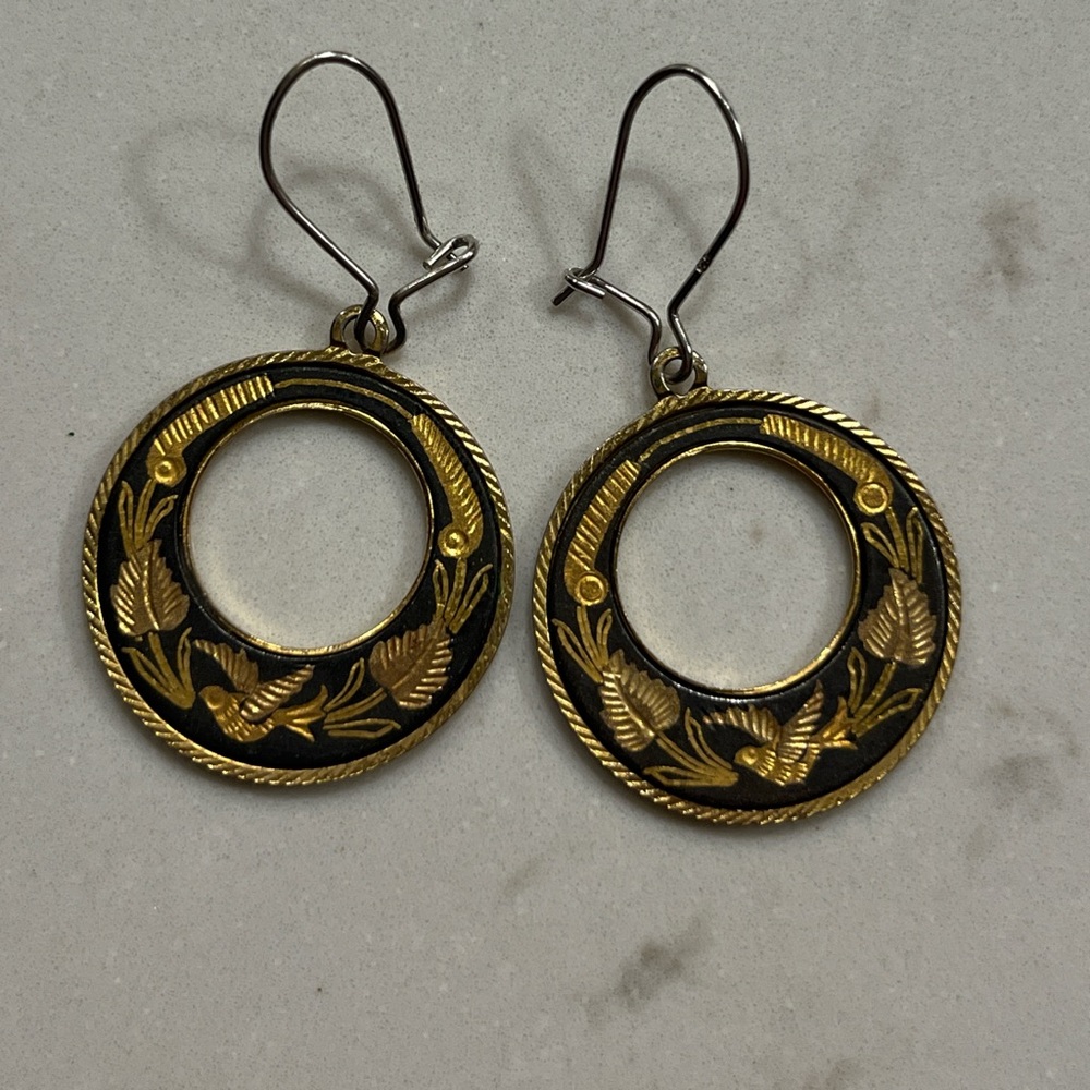 Vintage Damascene Gold Bird Open Round Dangle Drop Earrings with Jewelry Bag